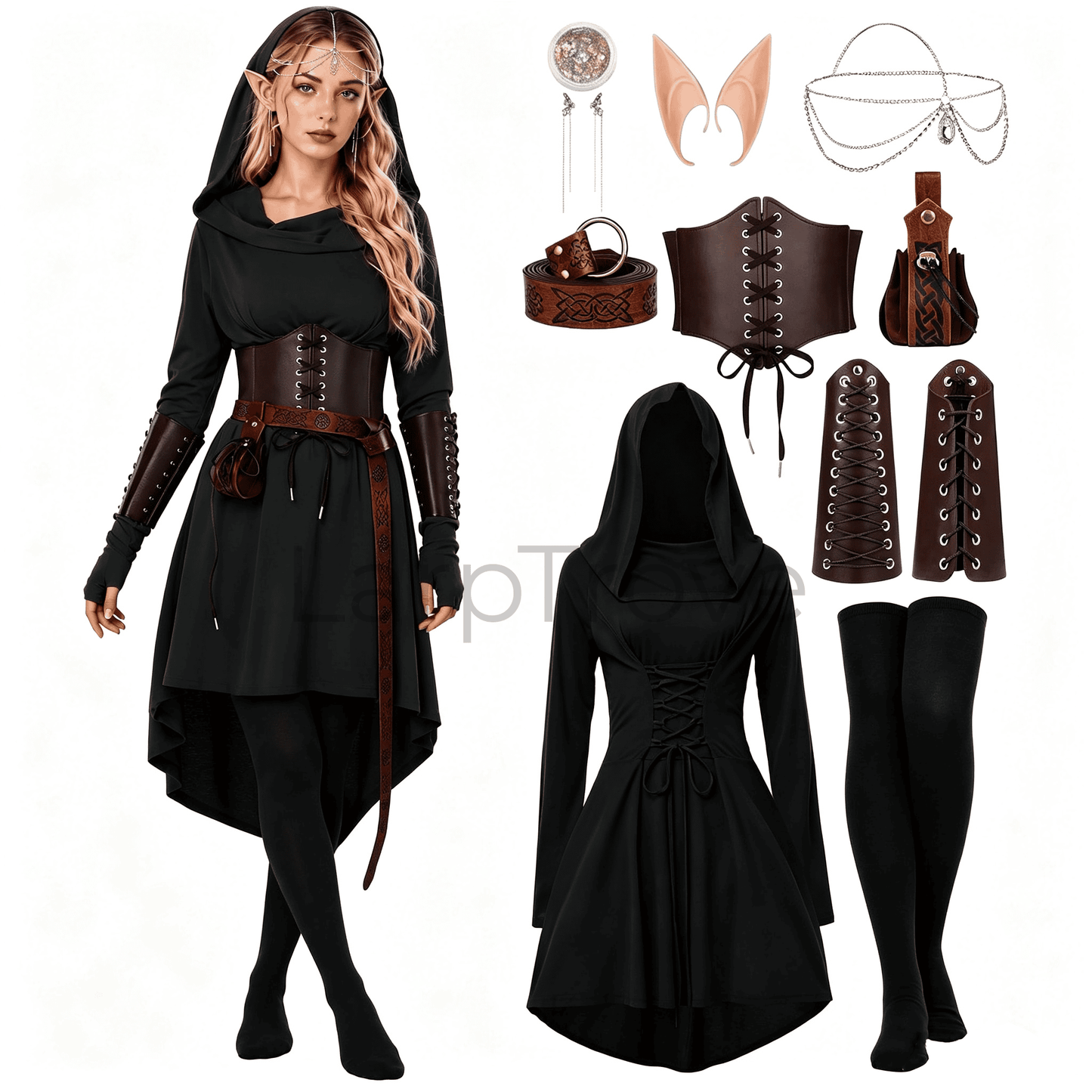 Fairy Renaissance Costume Women Medieval Hooded Elf Dress Set