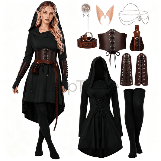 Fairy Renaissance Costume Women Medieval Hooded Elf Dress Set