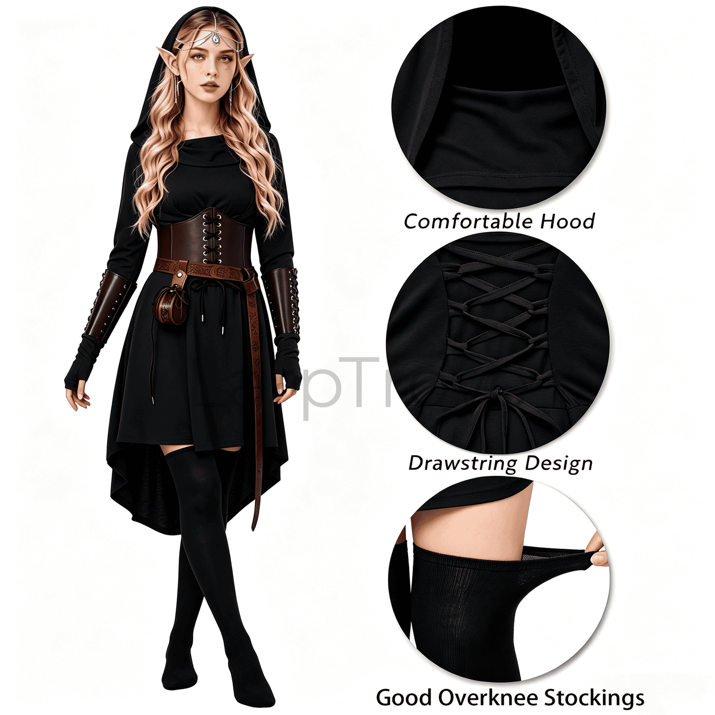 Fairy Renaissance Costume Women Medieval Hooded Elf Dress Set