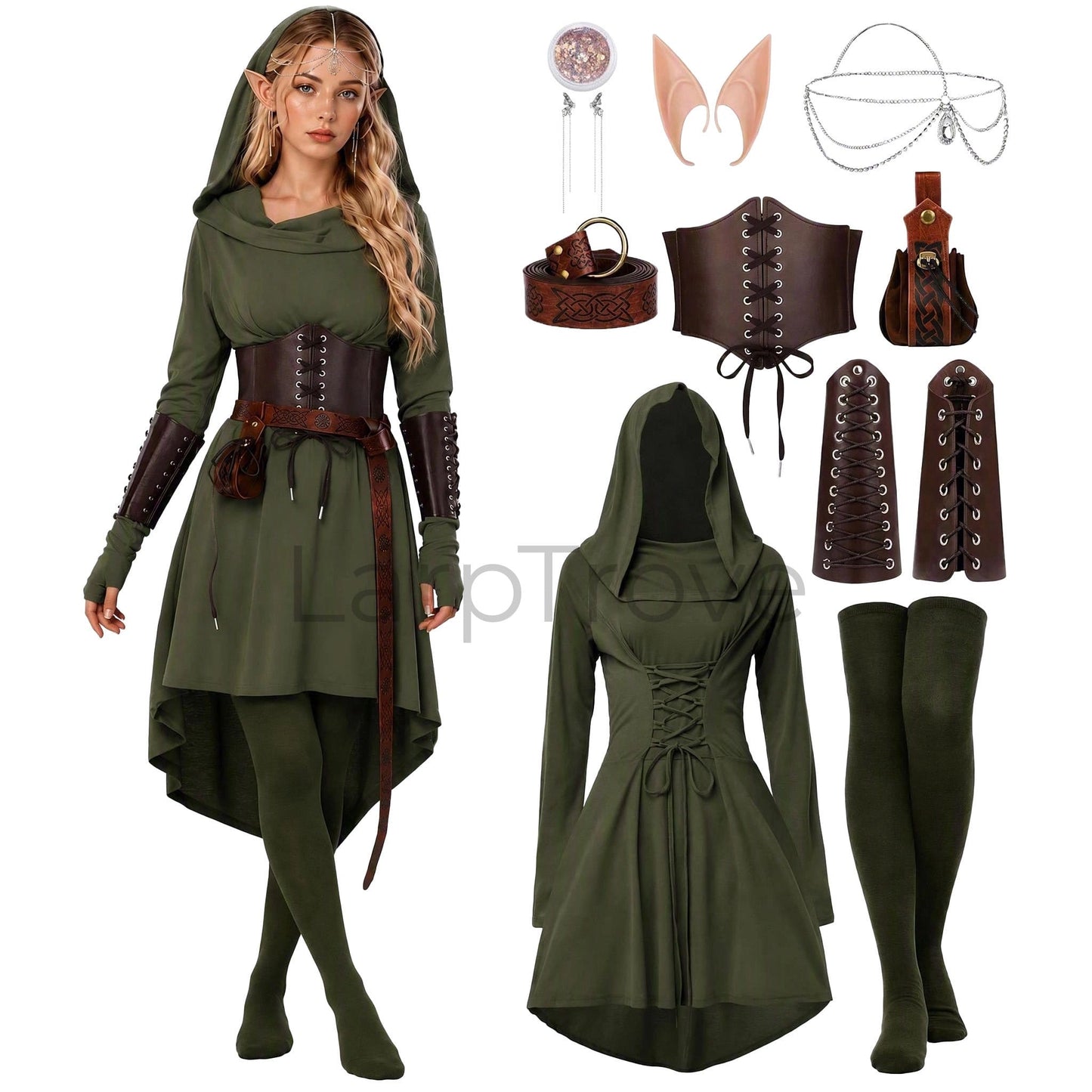 Fairy Renaissance Costume Women Medieval Hooded Elf Dress Set