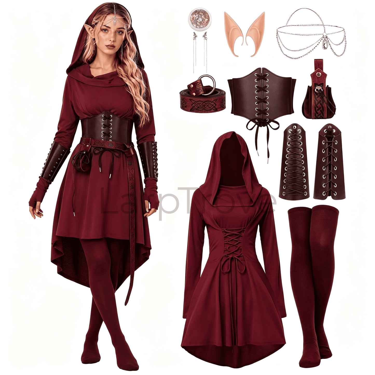 Fairy Renaissance Costume Women Medieval Hooded Elf Dress Set