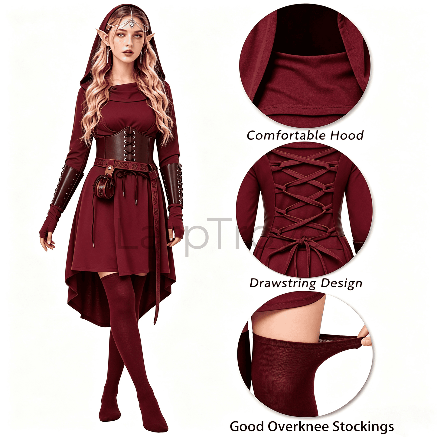 Fairy Renaissance Costume Women Medieval Hooded Elf Dress Set