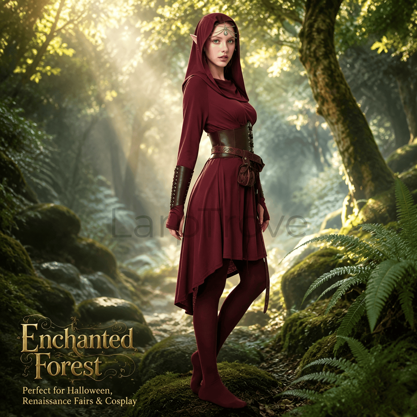 Fairy Renaissance Costume Women Medieval Hooded Elf Dress Set