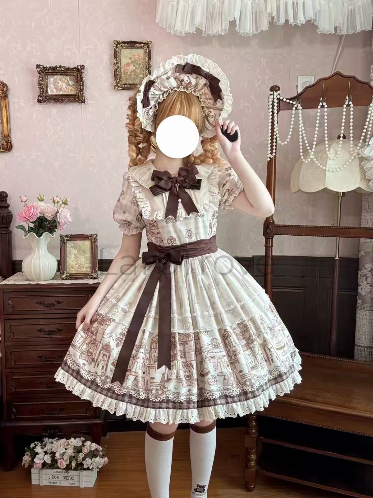 Women Sweet Lolita with Lace Bonnet