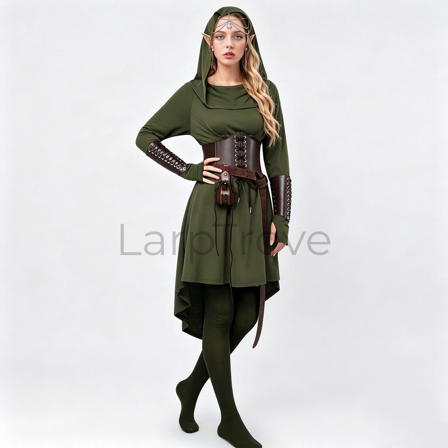 Fairy Renaissance Costume Women Medieval Hooded Elf Dress Set