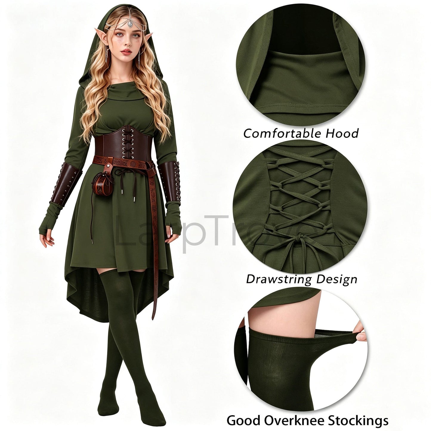 Fairy Renaissance Costume Women Medieval Hooded Elf Dress Set