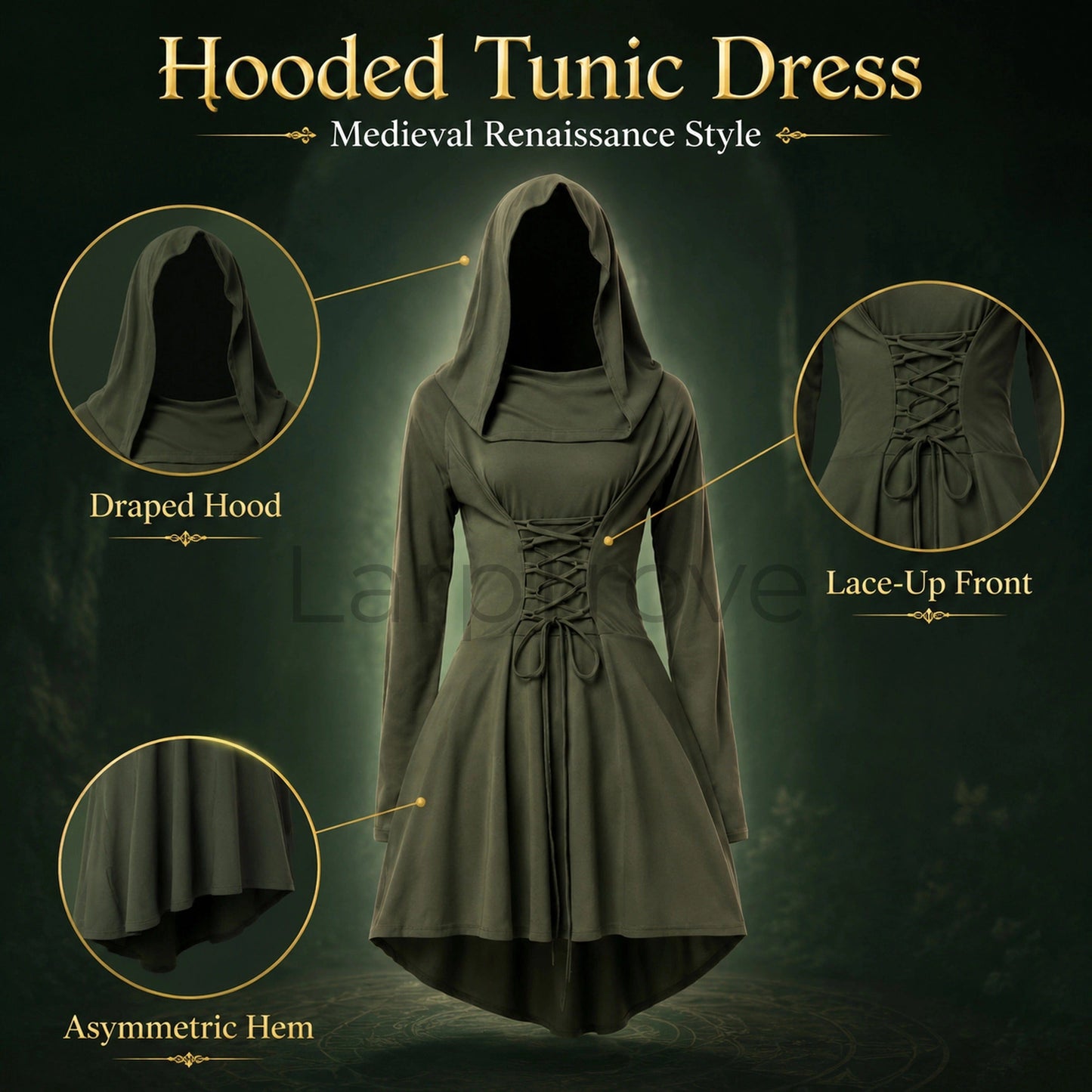 Fairy Renaissance Costume Women Medieval Hooded Elf Dress Set