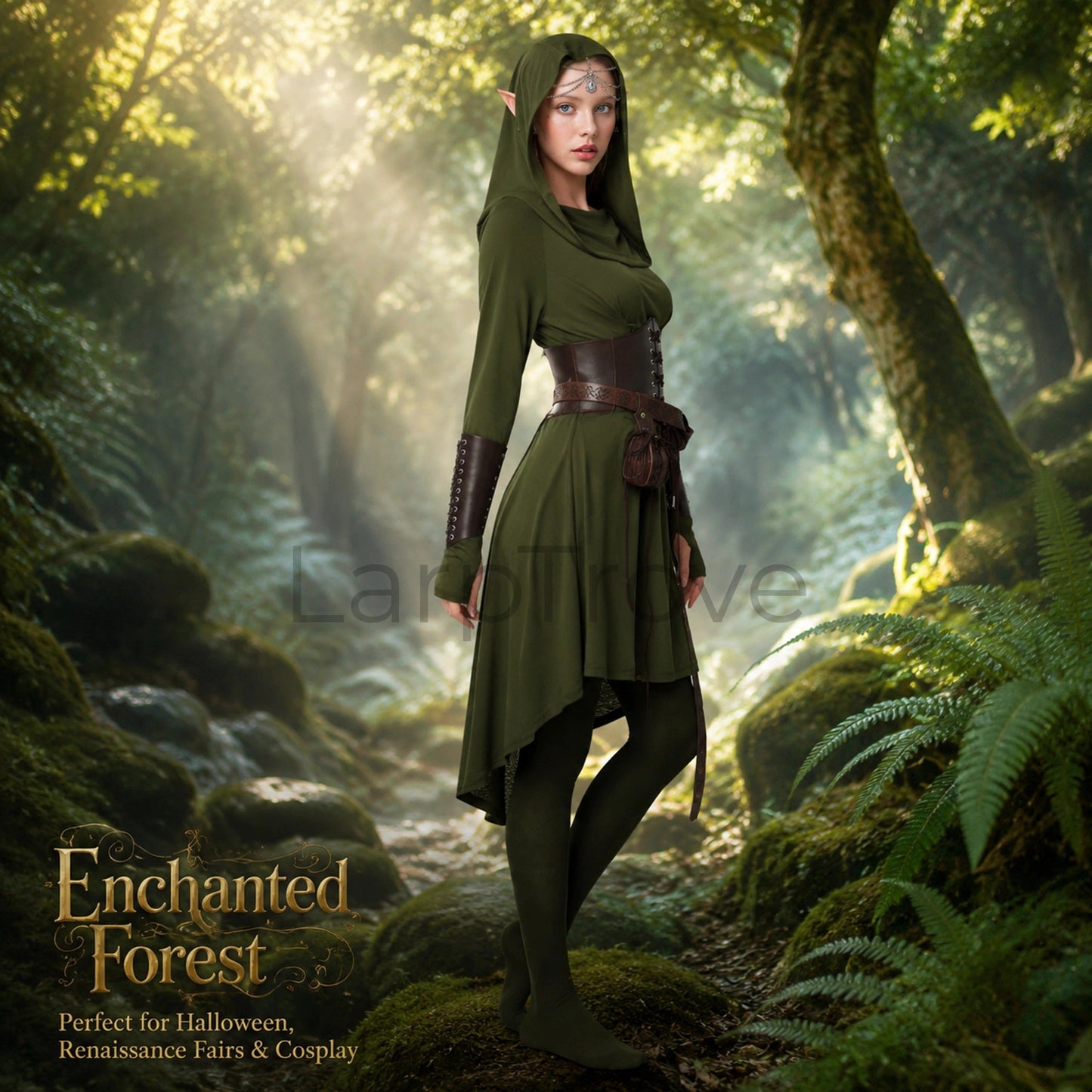 Fairy Renaissance Costume Women Medieval Hooded Elf Dress Set